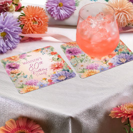 Boho Aster Flowers Floral 80th Birthday Party スクエアペーパーコースター