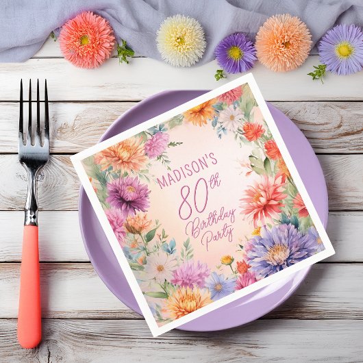 Boho Aster Flowers Floral 80th Birthday Party スタンダードカクテルナプキン