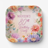 Boho Aster Flowers Floral 80th Birthday Party ペーパープレート (正面)