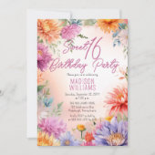 Boho Aster Flowers Floral Sweet 16 Birthday Party 招待状 (正面)