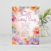 Boho Aster Flowers Floral Sweet 16 Birthday Party 招待状 (スタンド正面)