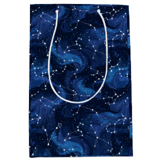 Boho Astrology Zodiac sign pattern on blue ミディアムペーパーバッグ