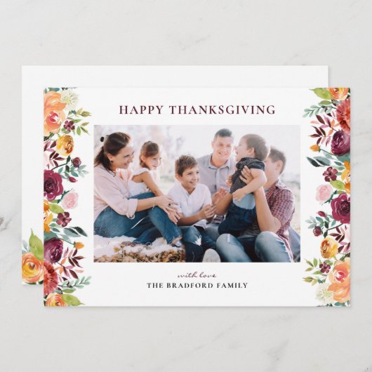 Boho Autumnフローラフレーム写真ハッピー感謝祭 シーズンカード (正面/裏面)