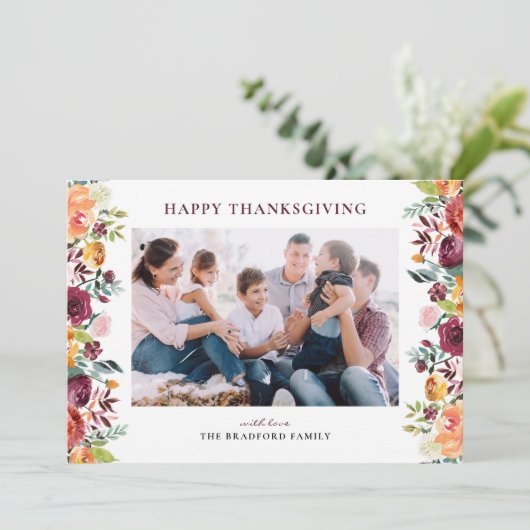 Boho Autumnフローラフレーム写真ハッピー感謝祭 シーズンカード (スタンド正面)