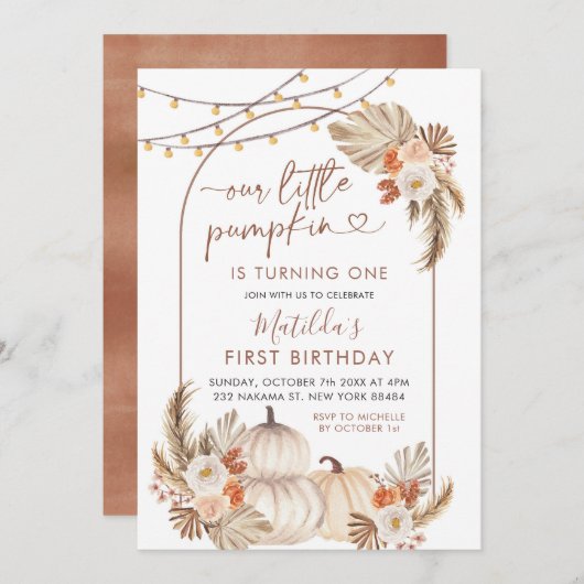 Boho Autumn我々の小さなカボチャは1回転している 招待状 (正面/裏面)