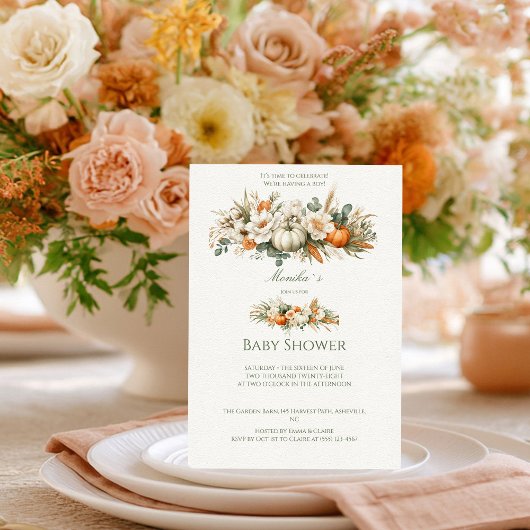 Boho Autumn Floral Arrangement Baby Shower 招待状