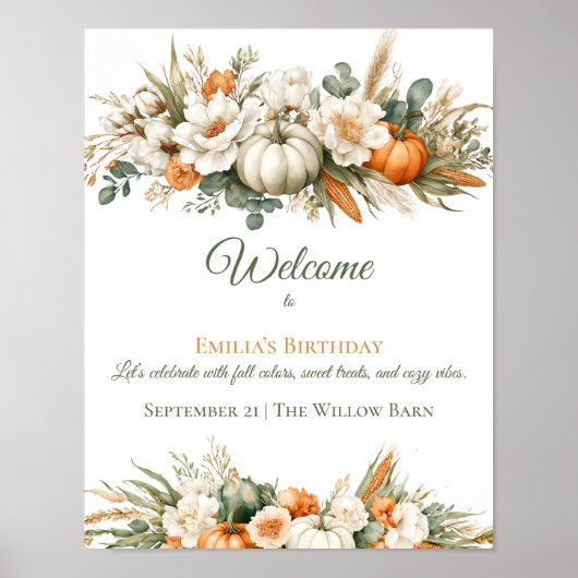 Boho Autumn Floral Arrangement Birthday Welcome ポスター (正面)
