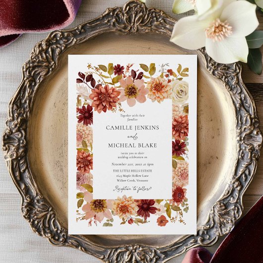 Boho Autumn Floral QR Code Wedding Invitation 招待状