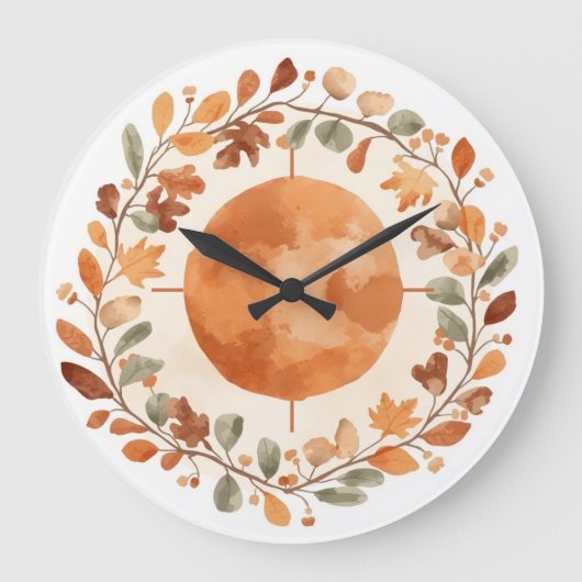 Boho Autumn Moon Botanical Watercolor Wall Clock ラージ壁時計 (正面)