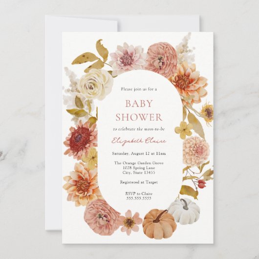 Boho Autumn Mums and Pumpkins Baby Shower 招待状 (正面)