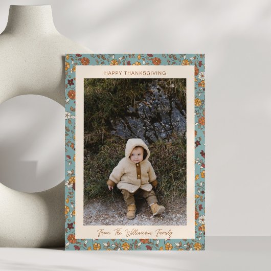 Boho Autumn Rustic Blue Floral Photo Thanksgiving シーズンカード