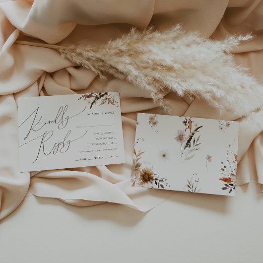 Boho Autumn Wildflower Beigeメニュー選択RSVPカード 出欠カード