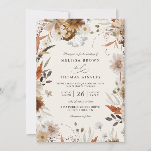 Boho Autumn Wildflower Beige QR Code Wedding 招待状 (正面)