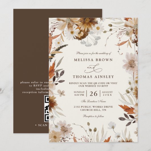 Boho Autumn Wildflower Beige QR Code Wedding 招待状 (正面/裏面)