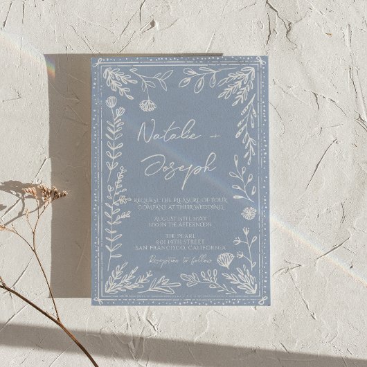 Boho Azure Blue Floral Botanical Modern Wedding 招待状