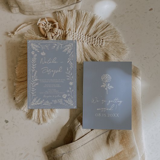 Boho Azure Blue Floral Botanical Modern Wedding 招待状