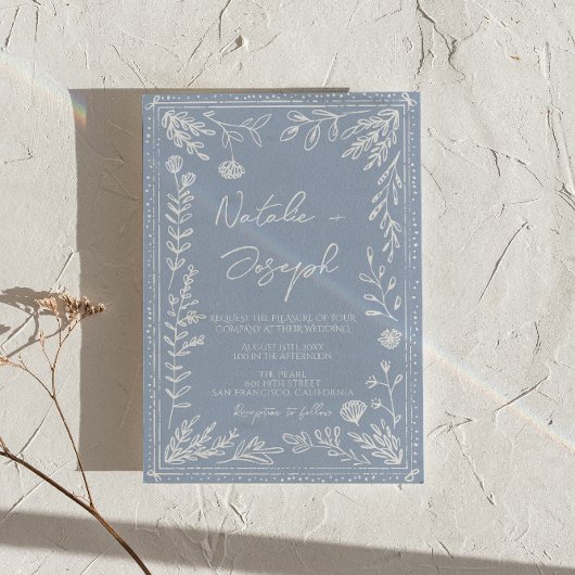 Boho Azure Blue Floral Botanical Photo Fun Wedding 招待状