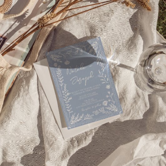 Boho Azure Blue Floral Botanical Photo Fun Wedding 招待状