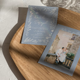 Boho Azure Blue Floral Botanical Photo Fun Wedding 招待状