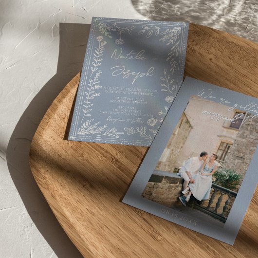 Boho Azure Blue Floral Botanical Photo Fun Wedding 招待状