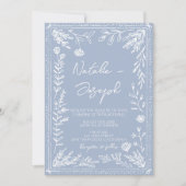 Boho Azure Blue Floral Botanical QR Code Wedding 招待状 (正面)