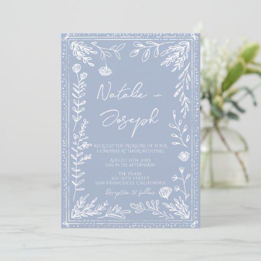 Boho Azure Blue Floral Botanical QR Code Wedding 招待状 (スタンド正面)