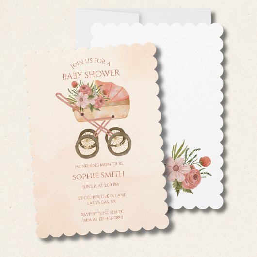 Boho Baby Carriage Watercolor Floral Baby Shower 招待状