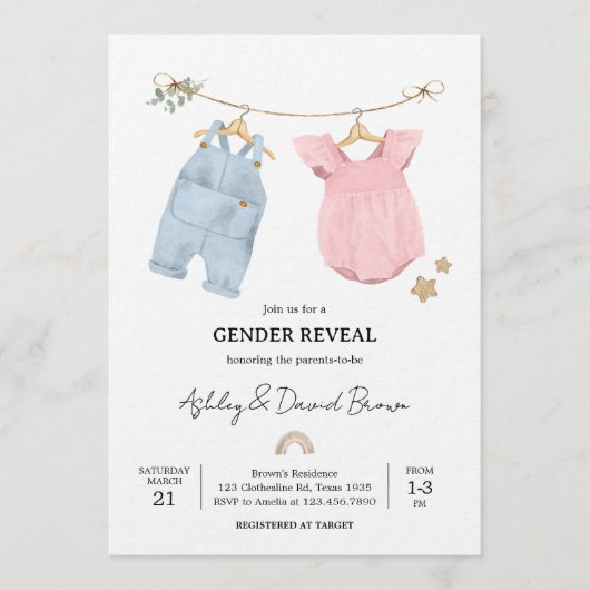 Boho Baby Clothes Gender Reveal 招待状 (正面)