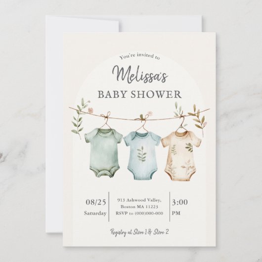 Boho Baby Clothes on a Line Baby Shower 招待状 (正面)