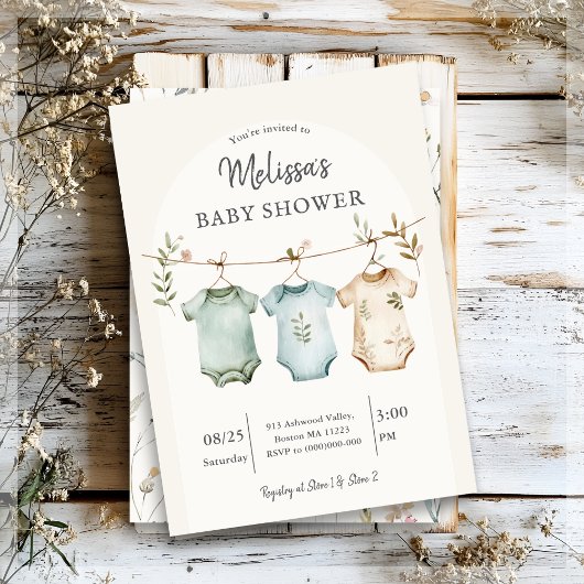 Boho Baby Clothes on a Line Baby Shower 招待状