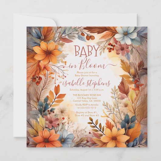 Boho Baby in Bloom Fall Floral Frame Baby Shower 招待状 (正面)