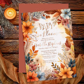 Boho Baby in Bloom Fall Floral Frame Baby Shower 箔招待状