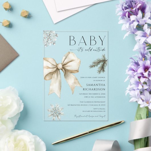 Boho Baby it's cold outside coquette bow shower アクリル招待状 (インサイチュ (ウェディング))