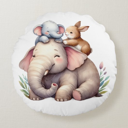 Boho Baby Room Decor | Elephant and baby bunny |  ラウンドクッション (正面)