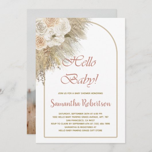 Boho Baby Shower Pampas Grass植物写真 招待状 (正面/裏面)
