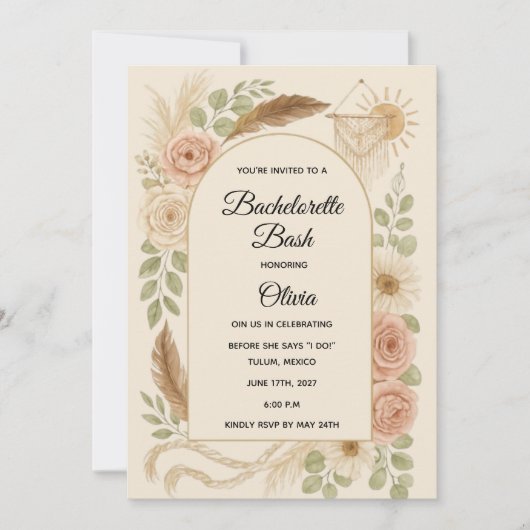 Boho Bachelorette Bash Invitation | Neutral Floral 招待状 (正面)