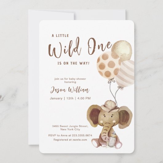 Boho Balloon Safari Elephant Boy Baby Shower  招待状 (正面)
