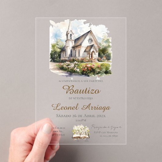 Boho Baptism in Spanish with church  アクリル招待状 (インサイチュ (ポータブル))
