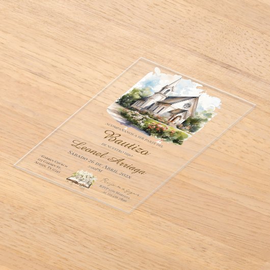 Boho Baptism in Spanish with church  アクリル招待状 (レイダウン)