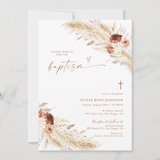 Boho Baptism Invite, Pampas Grass Boho Christening 招待状 (正面)