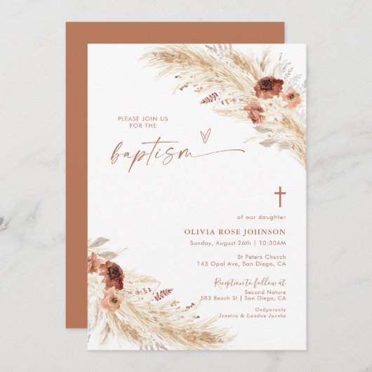 Boho Baptism Invite, Pampas Grass Boho Christening 招待状 (正面/裏面)