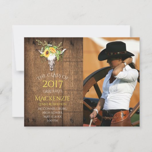 Boho Barnwoodひまわりスカル写真卒業 案内状 (正面)