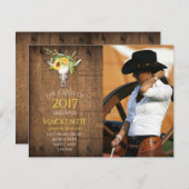 Boho Barnwoodひまわりスカル写真卒業 案内状 (正面/裏面)