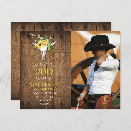 Boho Barnwoodひまわりスカル写真卒業 案内状 (正面/裏面)