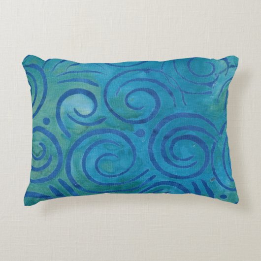 Boho Batik Blue Green Spirals Pattern アクセントクッション (正面)