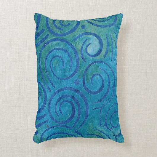 Boho Batik Blue Green Spirals Pattern アクセントクッション (正面(垂直))