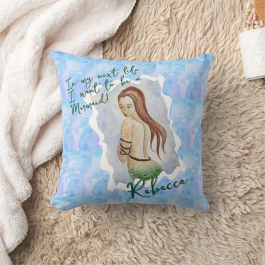 Boho Beach Mermaid Blue Ocean Watercolor Custom クッション (ブランケット)