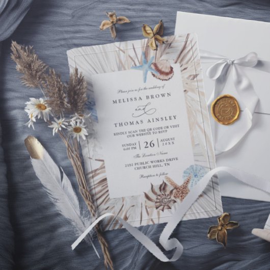 Boho Beach Sea Watercolor Elegant QR Code Wedding 招待状