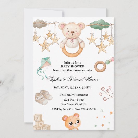 Boho Bearベビーシャワー 招待状 (正面)