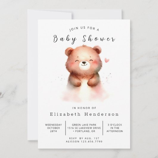 Boho Bearユニーク Baby Shower 招待状 (正面)